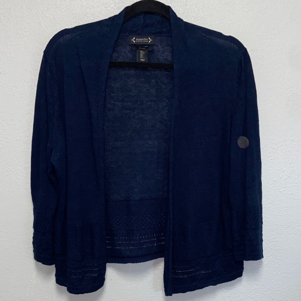 Nanette Lepore Navy Blue 100% Linen Open Cardigan 3657